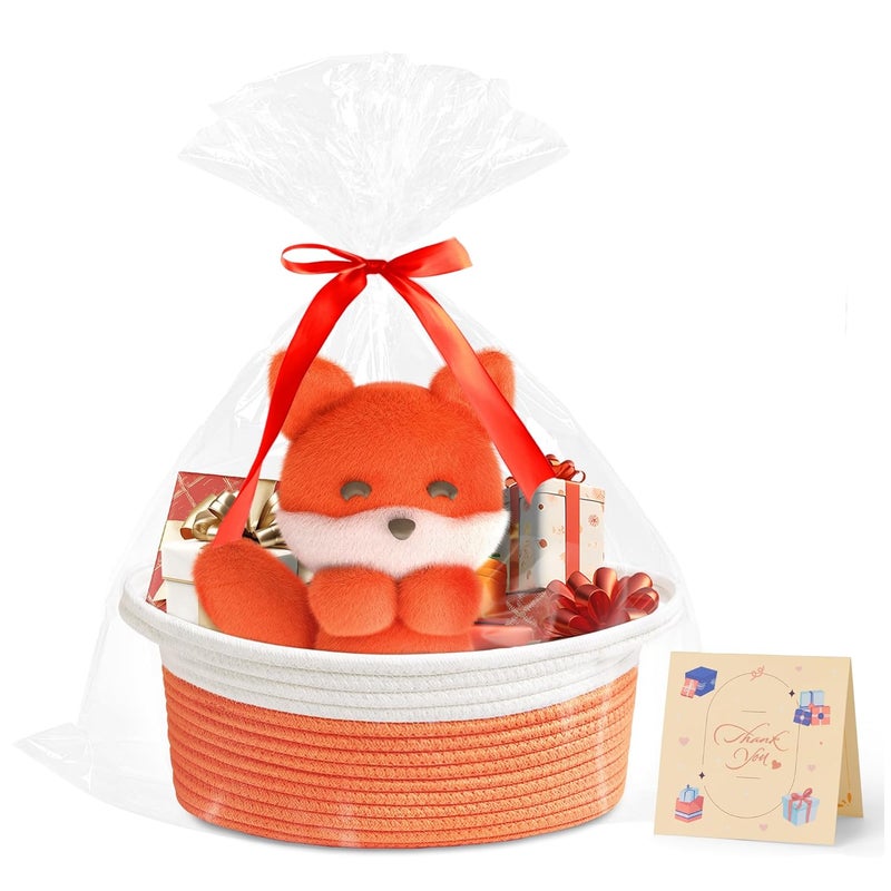 Yeeeasy Small Woven Basket with Gift Bags and Ribbons Cute Baskets for Gifts Empty 12"x8"x5" Small Rope Toy Basket for Babies Baskets for Storage, White & Orange - Image 1